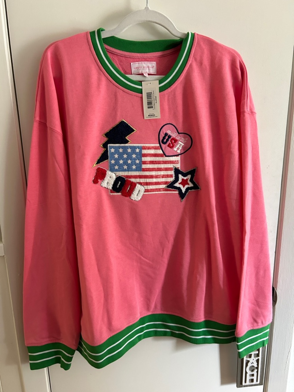 Simply southern Pink patriotic Graphic USA Patch Sweatshirt with Green Trim XL